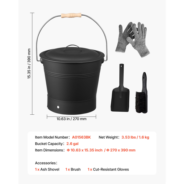 AEELLEEA 2.6 Gal Fireplace Ash Bucket with Lid, Shovel, Brush and Gloves, Metal Coal and Firewood Storage Pail, Black