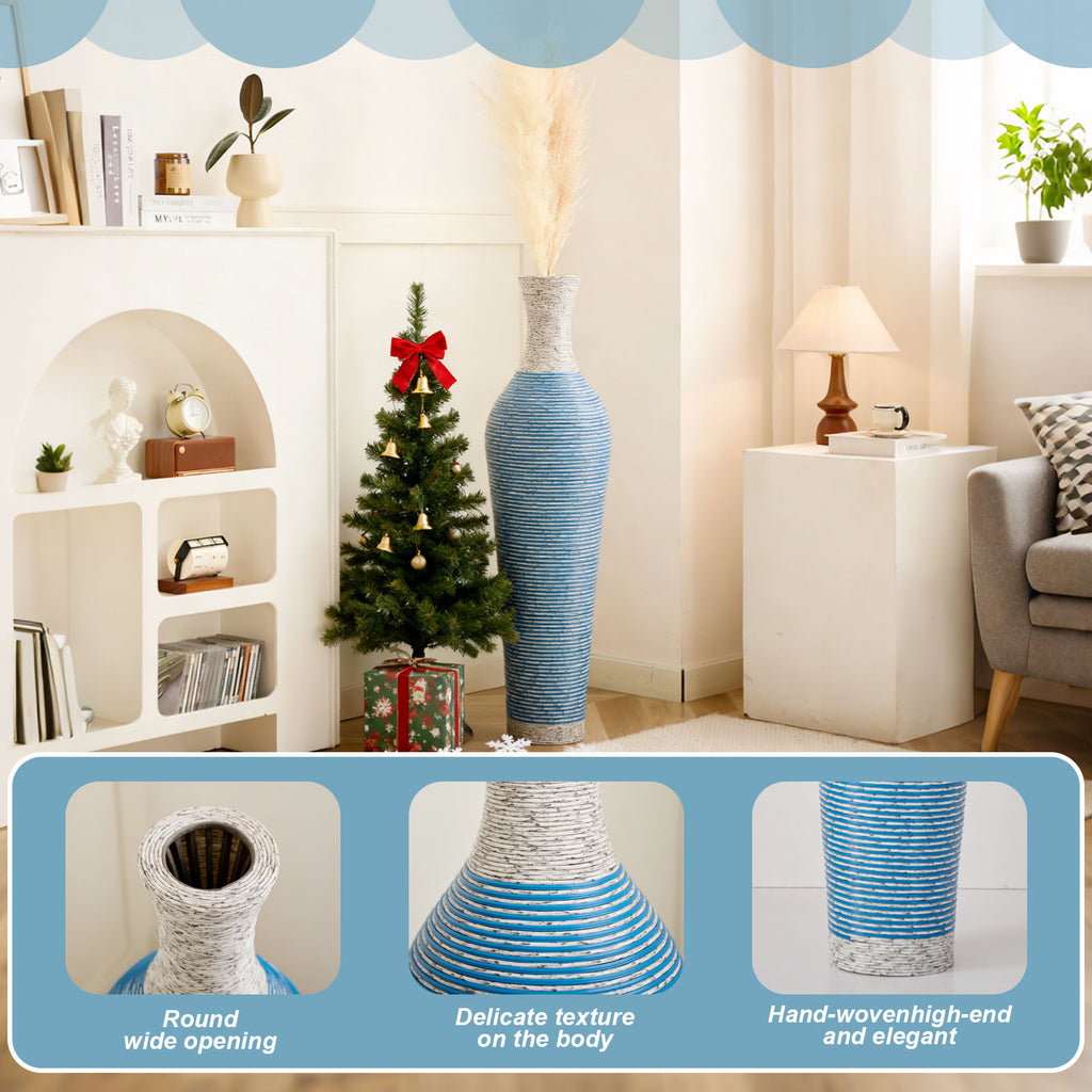 AEELLEEA Blue White Striped Woven Floor Vase, 39"H x 5.5" Opening, Tall Decor Dry Vase for Pampas Grass, Living Room Entryway Home Decor