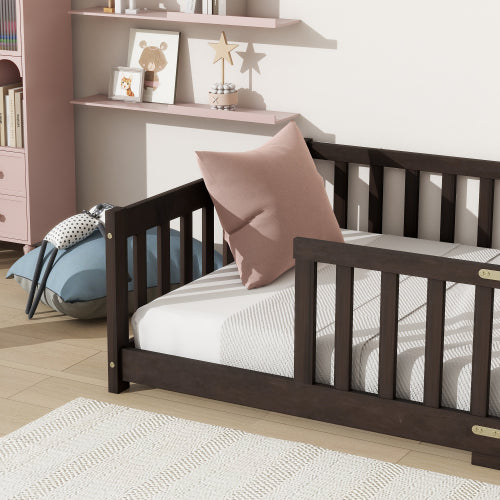 AEELLEEA Twin Size Montessori Floor Bed with Guardrails, Wooden Kids Bed Frame with Slats and Low Entry, Dark Brown