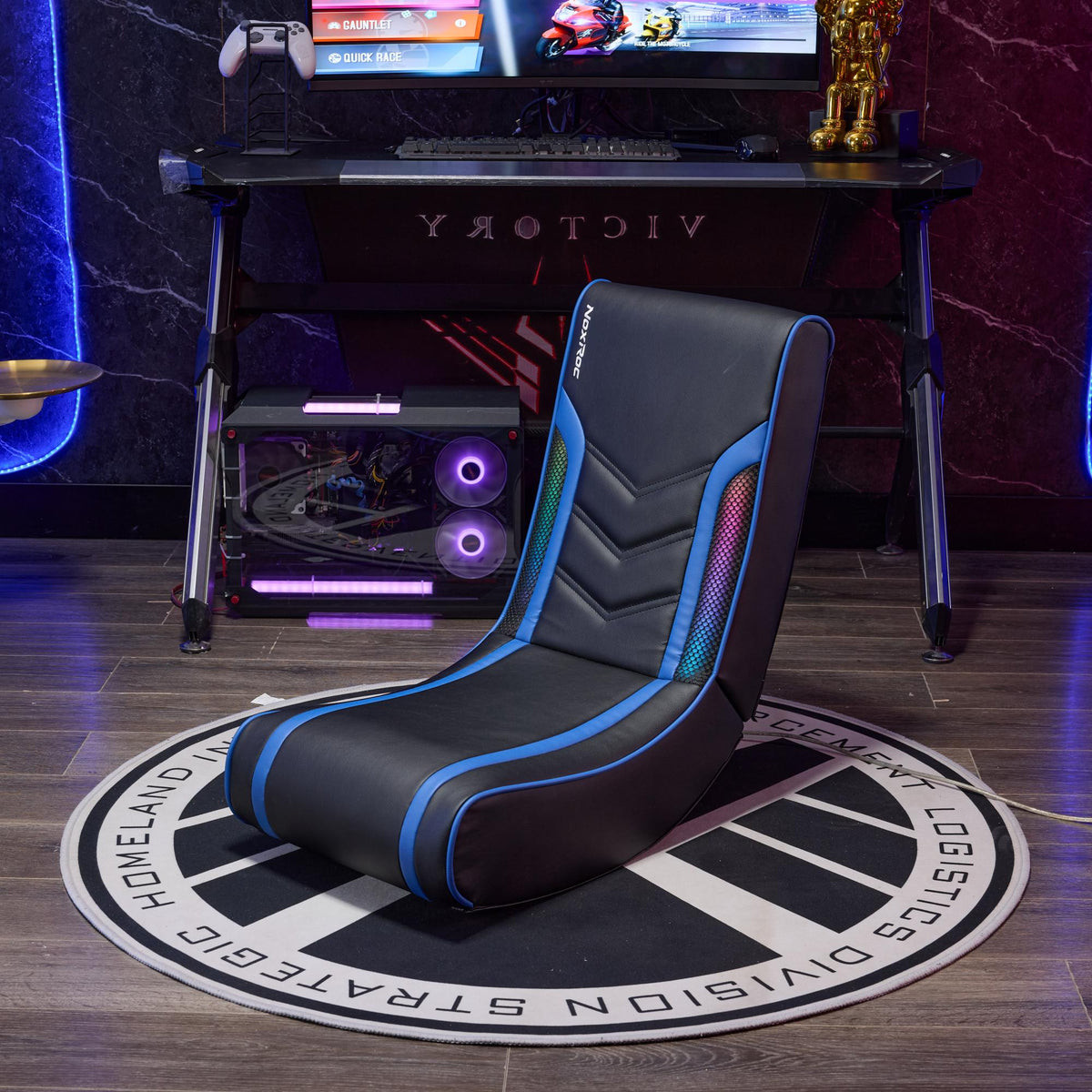 AEELLEEA 28.3in Foldable Floor Rocker Gaming Chair, PU Leather Game Seat with Storage Pocket, Blue Accent