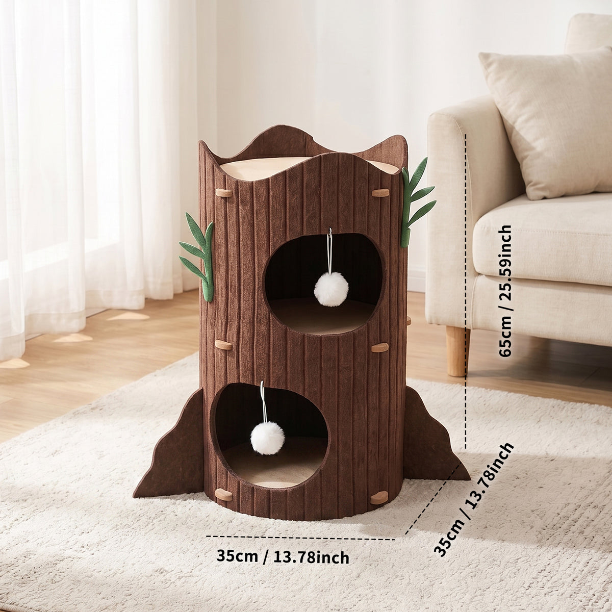 2-Tier Felt Cat House for Indoor Cats, Foldable Cat Bed Cave with Hanging Toy Ball, Scratch-Resistant Hideaway for Play & Sleep