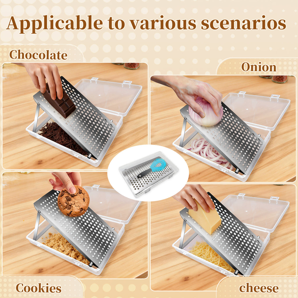 Food Grade Stainless Steel Cheese Grater with Storage Box & Brush, Multi-use for Cheese, Ginger, Garlic & Chocolate