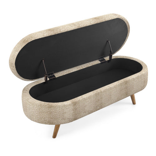 AEELLEEA 43 Inch Oval Storage Ottoman Bench, Beige Textured Fabric Upholstered Bench with Wood Legs for Bedroom Entryway