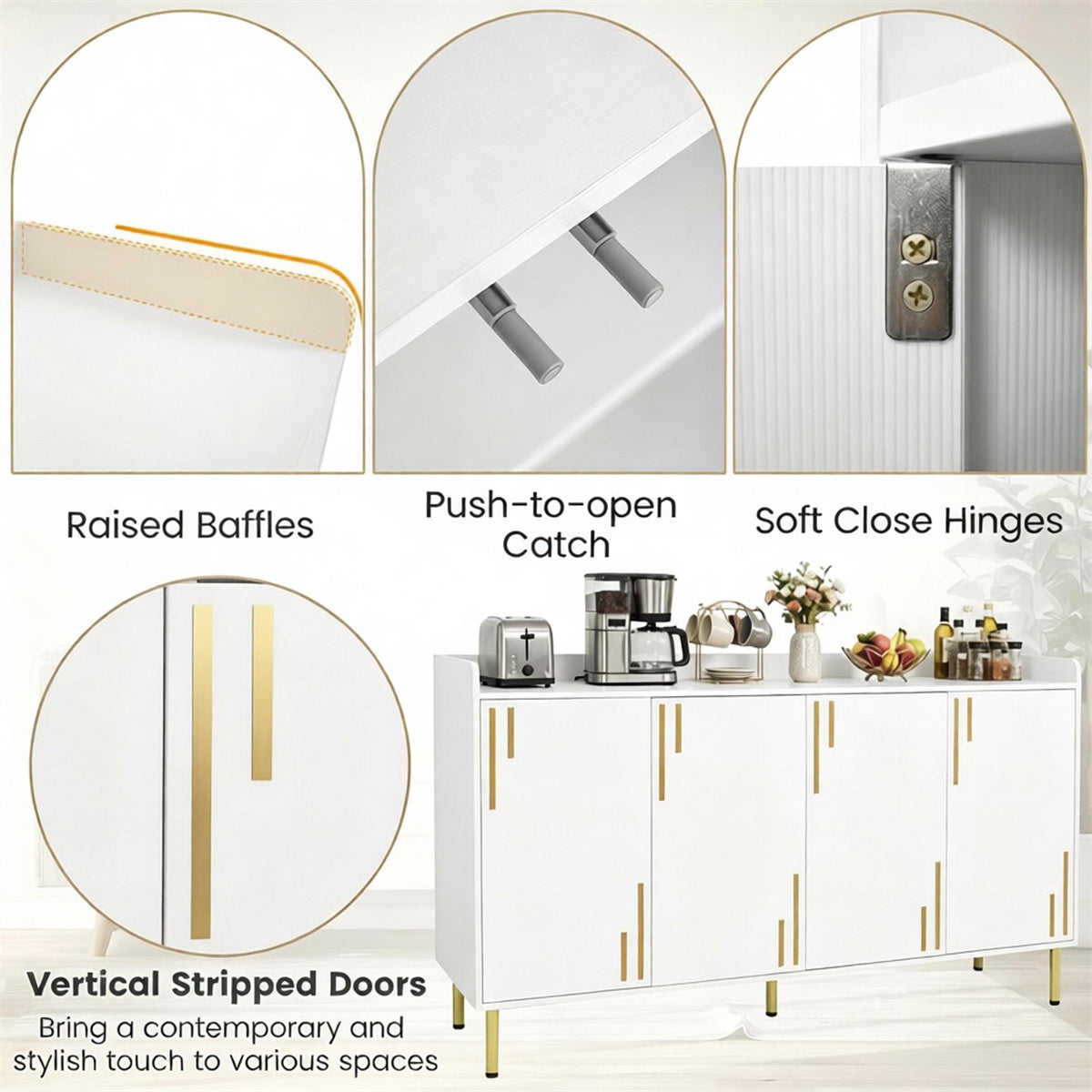 AEELLEEA 55"W White 4-Door Storage Sideboard Cabinet, 33"H Buffet Cabinet with Gold Metal Legs for Kitchen Dining Room
