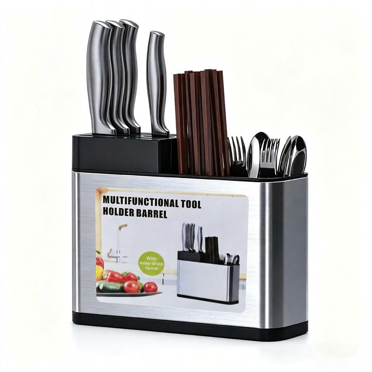 Multifunctional Kitchen Utensil Holder, Stainless Steel Countertop Knife & Cutlery Storage Organizer with Drain Holes for Kitchen Counter