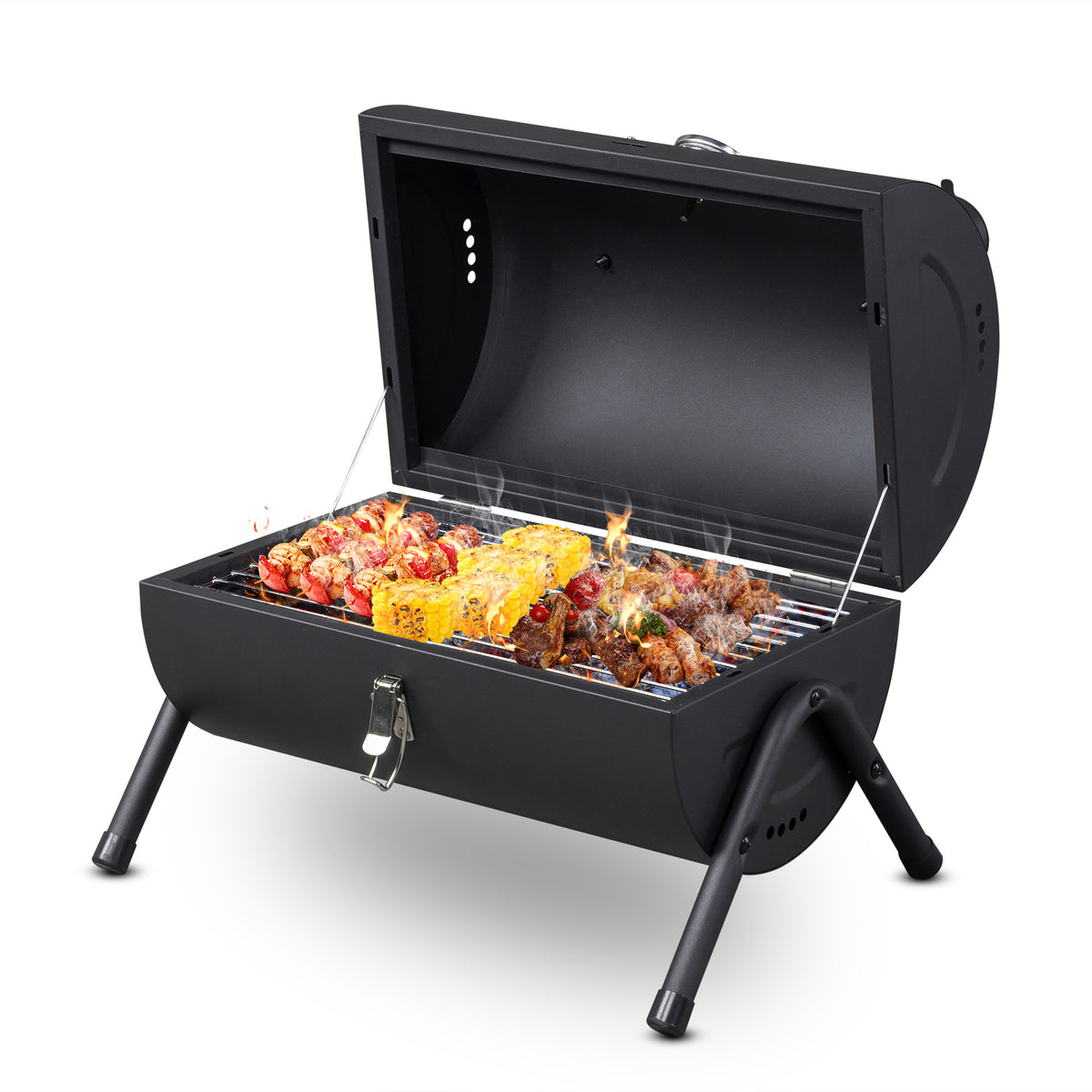 AEELLEEA-Portable Charcoal Grill with Thermometer & Wooden Handle, Compact Tabletop BBQ Grill for Camping