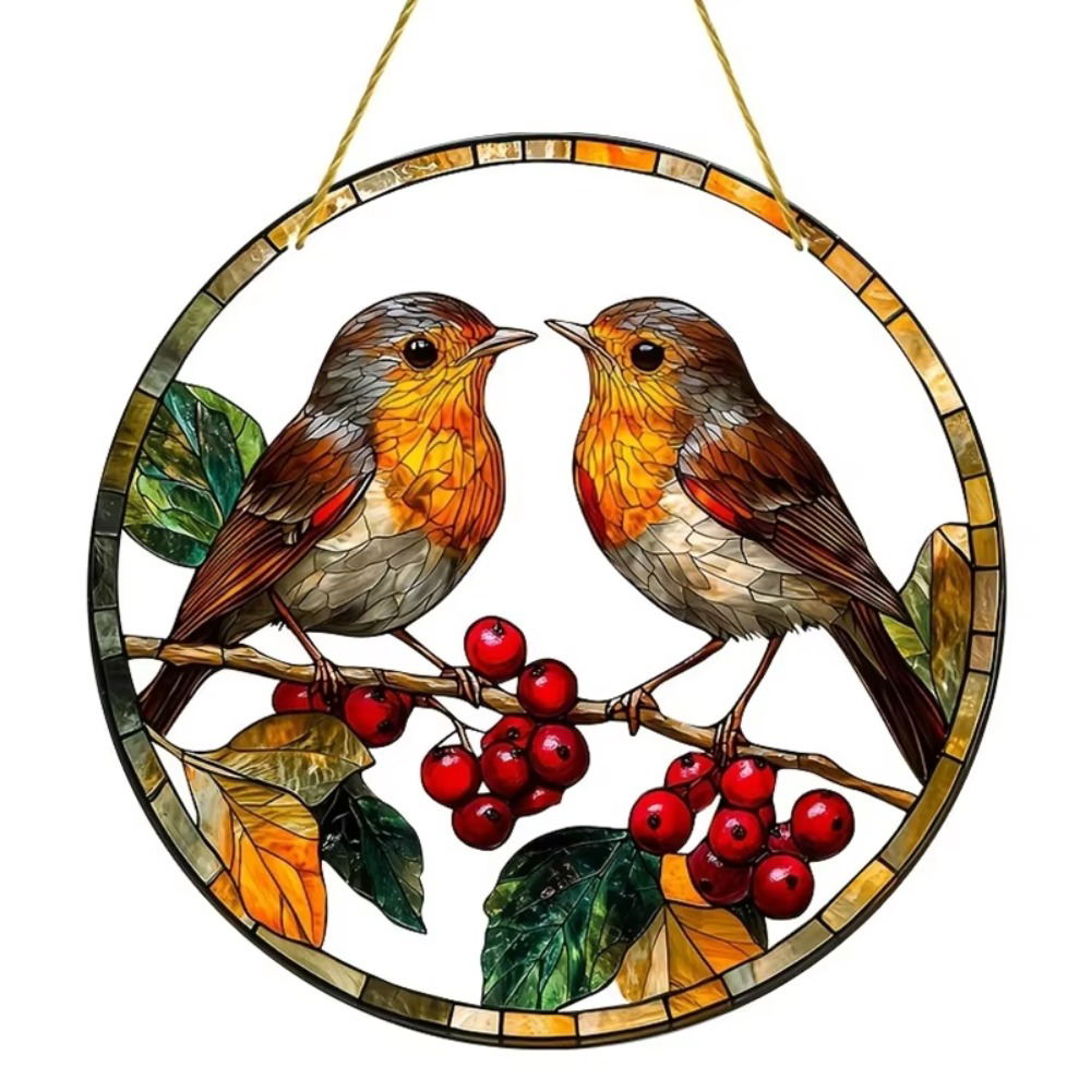 Robin Bird Suncatcher, Round Acrylic Window Hanging Ornament with Red Berry Leaf Pattern for Home Decor & Gift