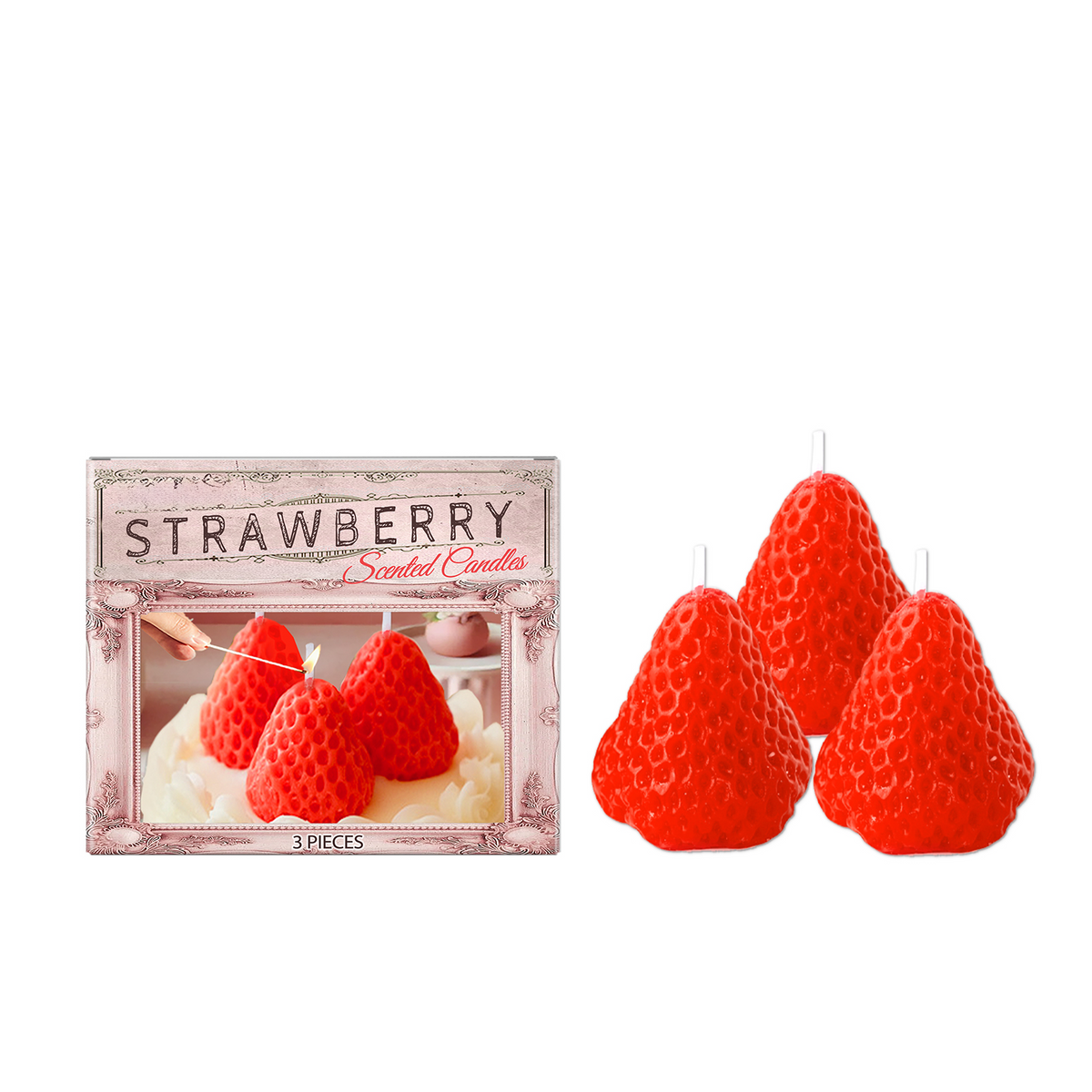 3 Pack Strawberry Shaped Scented Soy Wax Candles, Vanilla Strawberry Fragrance Candle for Bedroom, Romantic Home Decor & Holiday Gift
