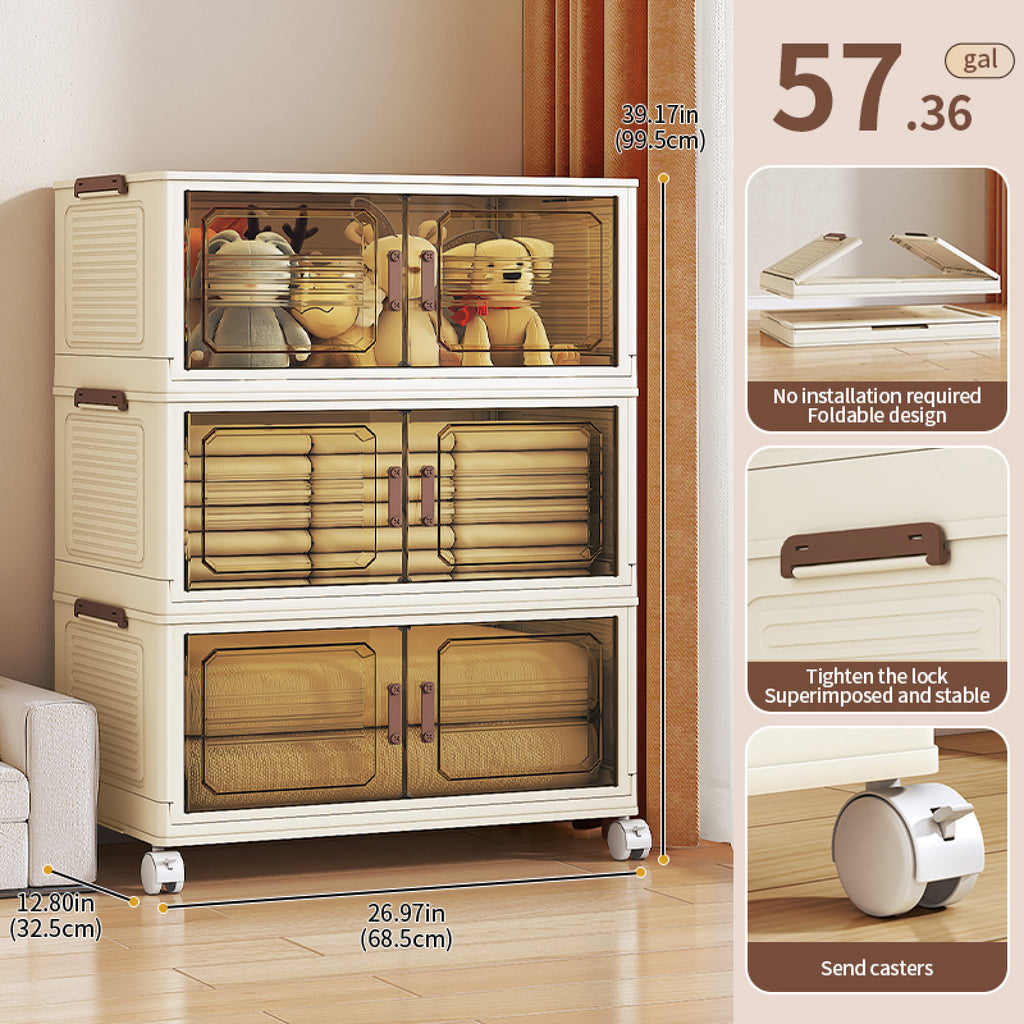 AEELLEEA Stackable Foldable Lidded Storage Bins with Doors & Wheels - Foldable Storage Cabinet for Home, Dorm & Office