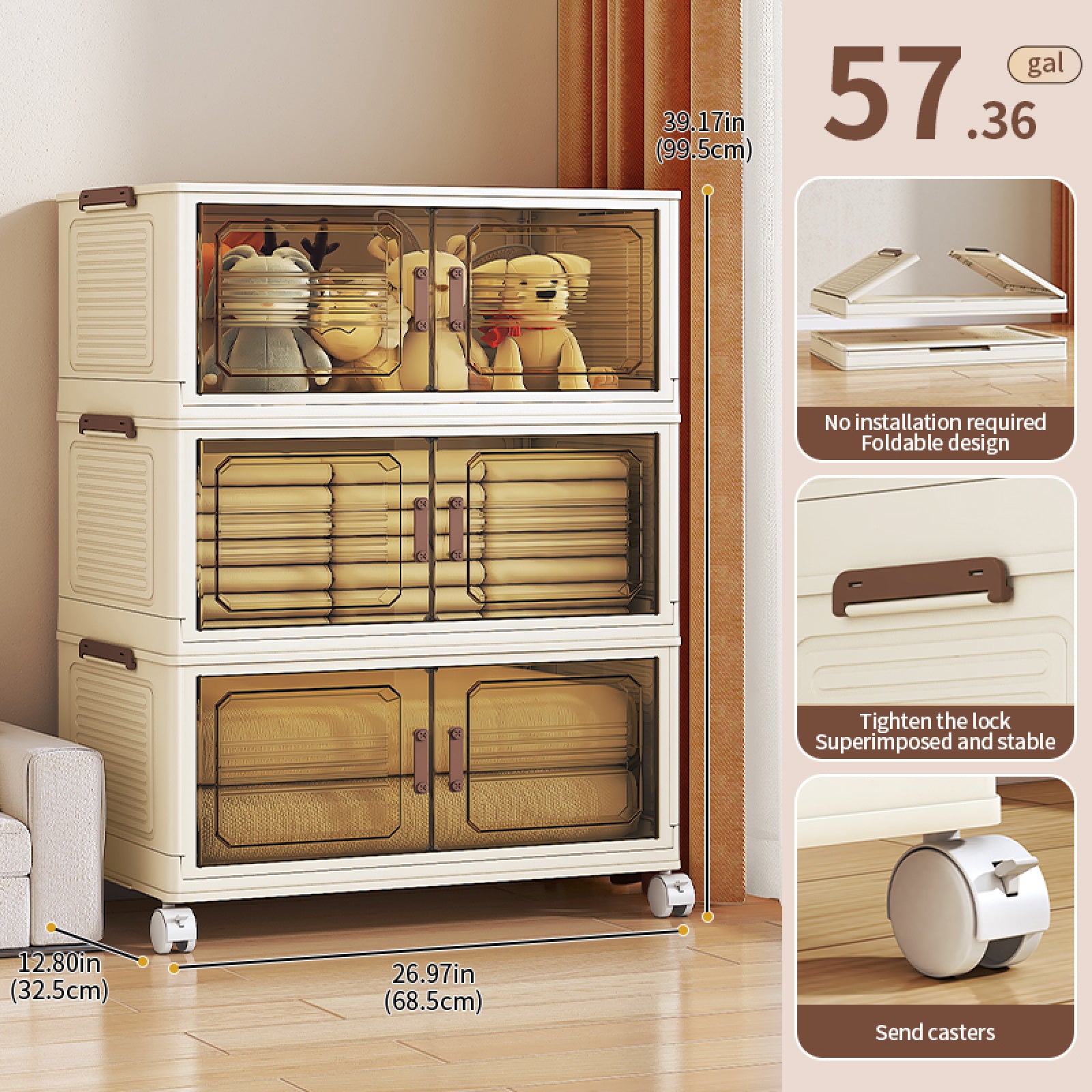AEELLEEA Stackable Foldable Lidded Storage Bins with Doors & Wheels - Foldable Storage Cabinet for Home, Dorm & Office