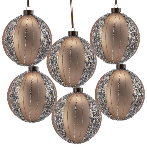 AEELLEEA 3.9" Bronze Glitter Striped Glass Christmas Ball Ornaments Set of 6, Hanging Baubles for Xmas Tree Holiday Home Decor