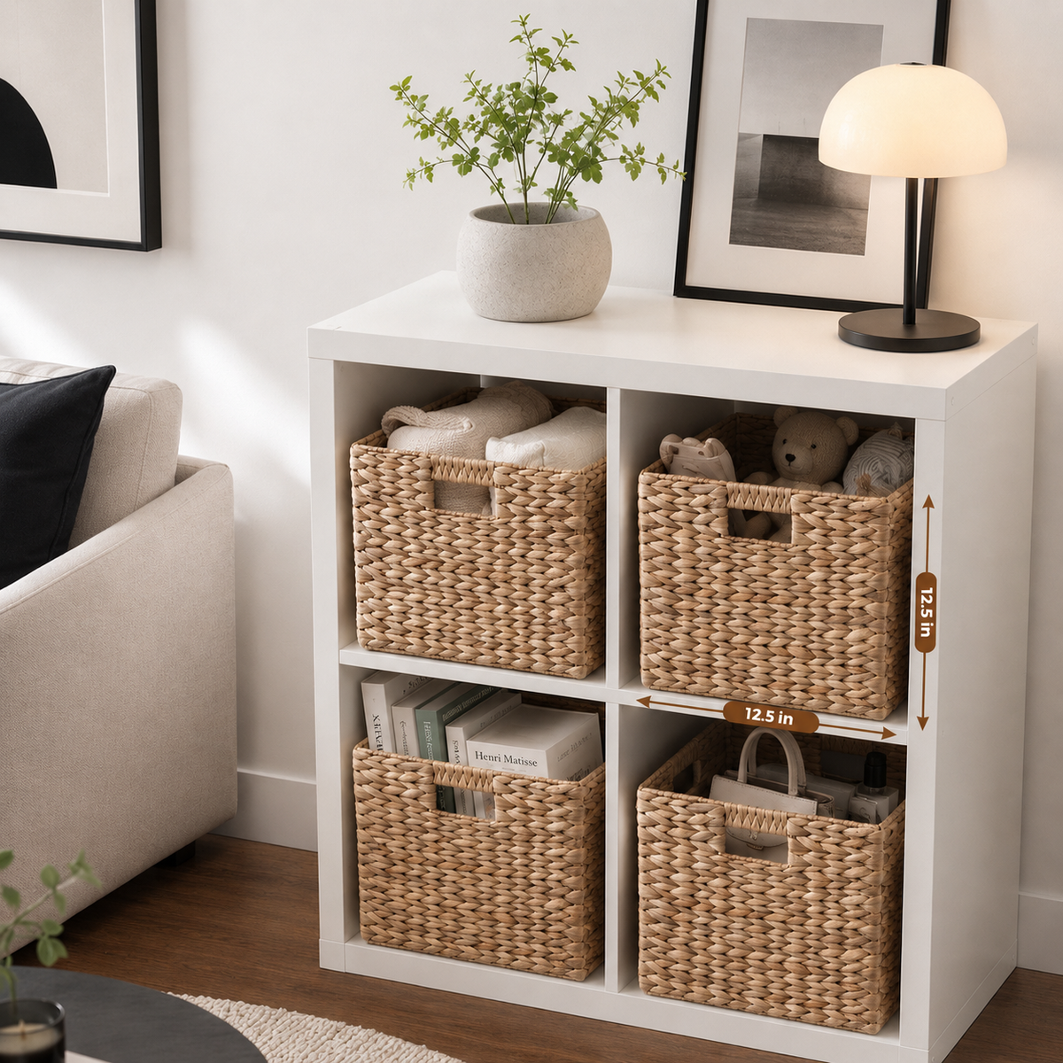 Water Hyacinth Folding Storage Baskets, Set of 2, 12.6" x 12.6" x 12.6", Handwoven Cube Baskets with Cutout Handles – Shelf Organizer