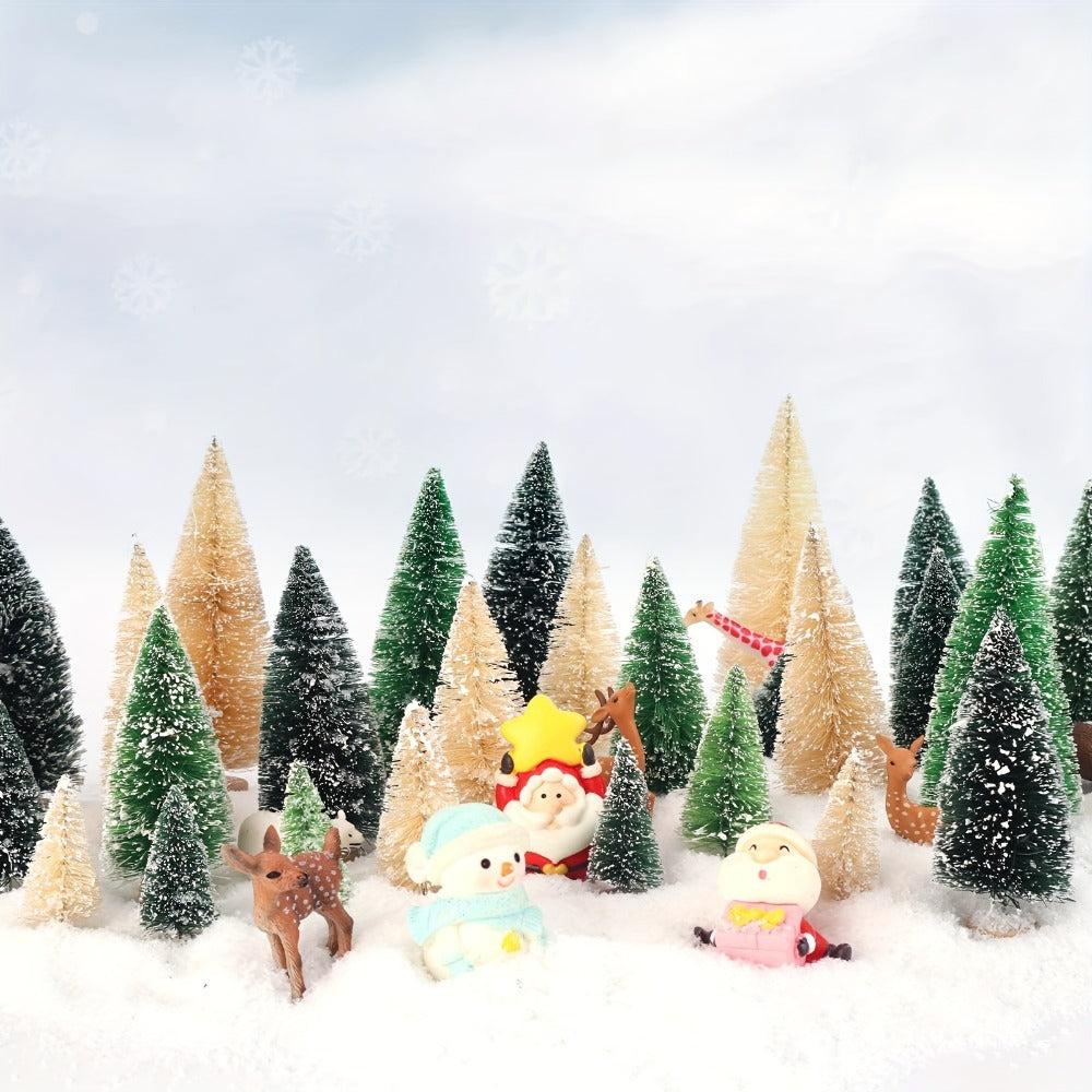 30 Pcs Mini Christmas Trees Decorations, Assorted Flocked Pine Trees with Wooden Base, Snow-Sprinkled Tabletop Ornaments in Gift Box for Party & Home