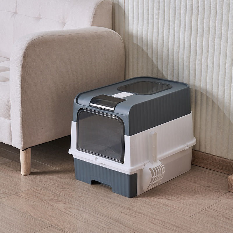 Enclosed Cat Litter Box with Lid, Anti-Tracking Fence, Drawer Tray & Scoop, Odor Control, Large, for Indoor Cats - Black, Gray, Blue, Pink