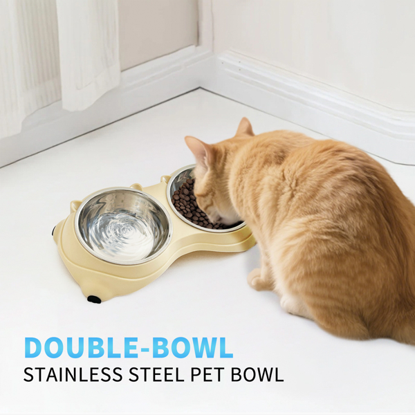15° Tilted Double Stainless Steel Pet Bowls for Cats & Small Dogs, Non-Slip Food & Water Feeder - Beige