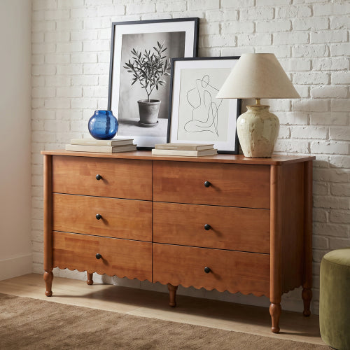 AEELLEEA 55" Farmhouse 6 Drawer Dresser, Rustic Brown Wood Look Double Dresser with Vintage Turned Legs for Bedroom