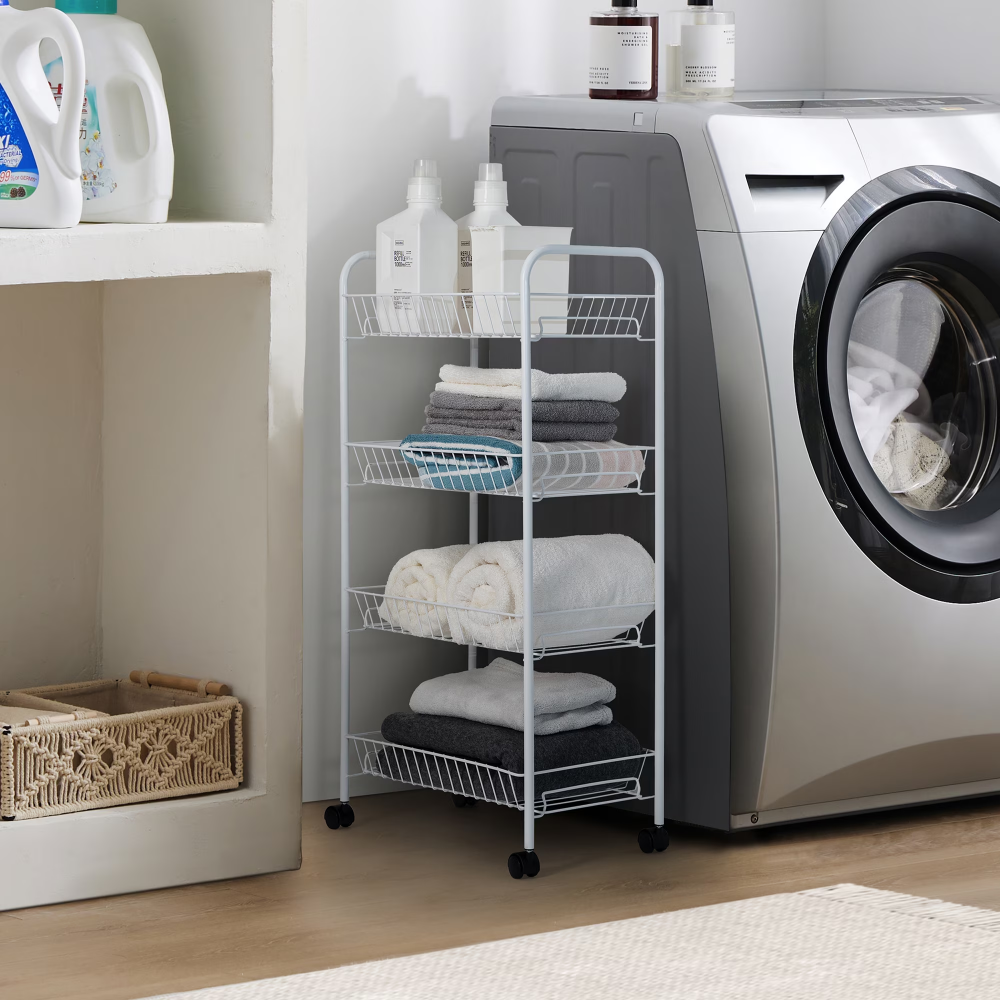 AEELLEEA 4-Tier Rolling Metal Wire Basket Cart, White Mobile Storage Organizer with Wheels, Utility Rack for Bathroom, Laundry & Kitchen