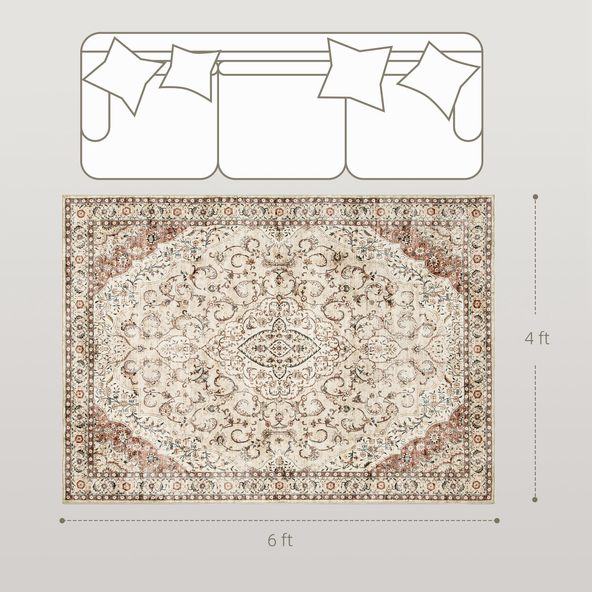 6'x4' Vintage Floral Area Rug, Machine Washable Non Slip Thin Rug with TPR Backing, Stitched Edge Distressed Carpet for Living Room Bedroom