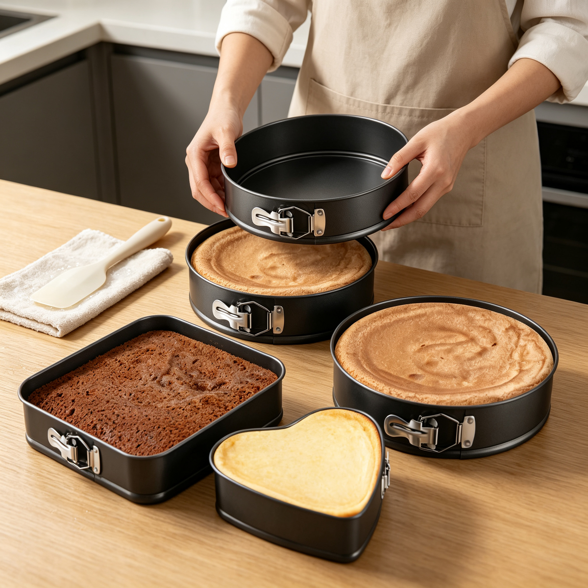 AEELLEEA 3 Pack Springform Cake Pans, Heart Round Square Nonstick Leakproof Cheesecake Molds with Removable Bottom for Baking