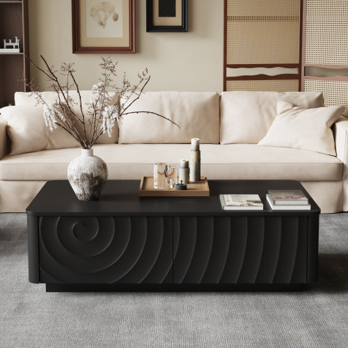 AEELLEEA Modern Black Coffee Table with Storage Drawer, 47.2" Rectangular Living Room Table with Wave Pattern Design