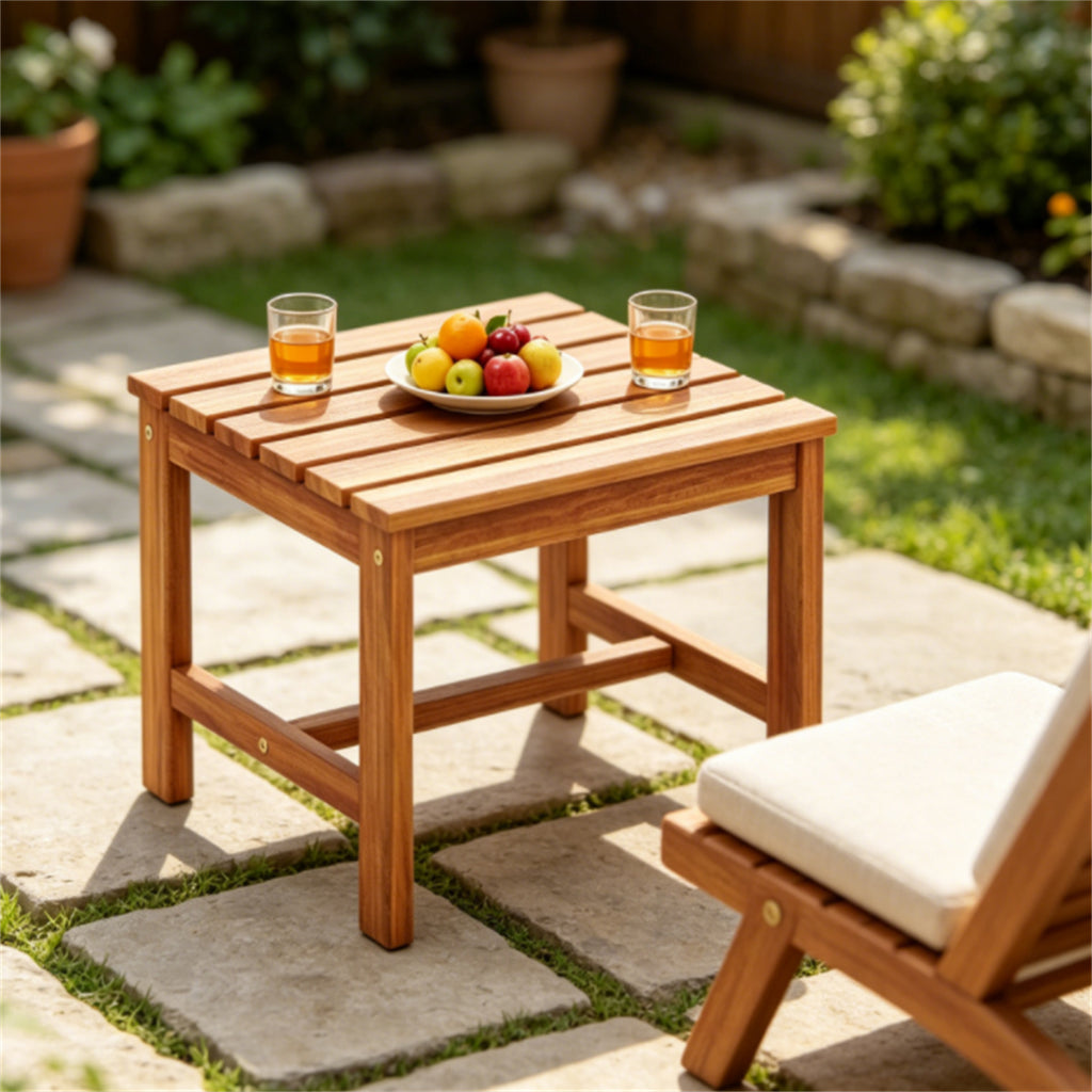 17 Inch Acacia Wood Outdoor Side Table, Square Slatted Patio End Table with Drainage Design, Heavy Duty Reinforced Frame for Backyard Garden Poolside