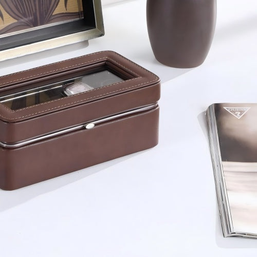 8" Long Tempered Glass and Leather 4-Slot Watch Display Case, Brown