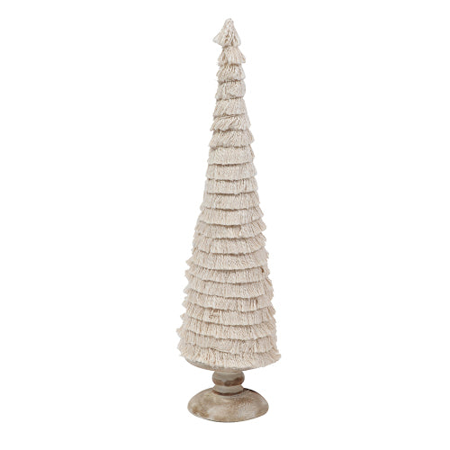 D3.9x15" Cream Fringe Embellished Cone Tree with Wooden Base, Rustic Tabletop Christmas Decoration for Mantel, Desk & Shelf.