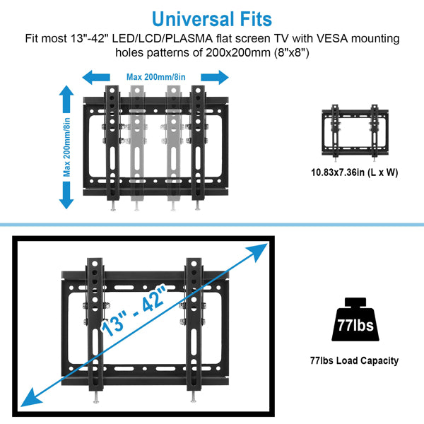 TV Wall Mount Bracket with Tilt, 13-42 Inch Universal Slim Flat Screen TV Mount for VESA 200x200mm, Heavy Duty 77 lbs for LED LCD Plasma in Bedroom