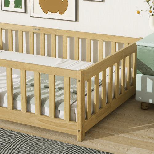 AEELLEEA Twin Size Montessori Floor Bed with Guardrails, Wooden Kids Bed Frame with Low Entry and Slats, Natural