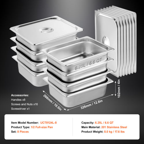 8 Pack 1/2 Size Steam Table Pan with Lid, 4 Inch Deep Stainless Steel Hotel Pan, 6.6 QT Anti-Jam Restaurant Pan