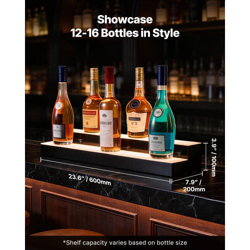 2 Tier 24 Inch LED Liquor Bottle Display, Lighted Acrylic Bar Shelf with RF Remote and APP Control, 9 Colors