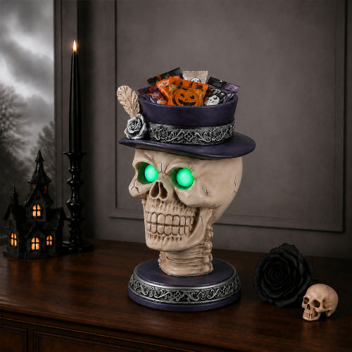 AEELLEEA Halloween Resin Skull Candle Holder ，Feather Top Hat Gothic Statue, Spooky Tabletop Decor for Party