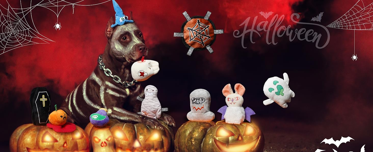10PC Halloween Dog Toys Set, Creepy-Theme Puppy Enrichment Small Dog Toys Squeaky & Crinkle Funny Plush Stuffed Chew Toys Bundle for with Pumpkin, Skeleton, Mummy, Bat & More