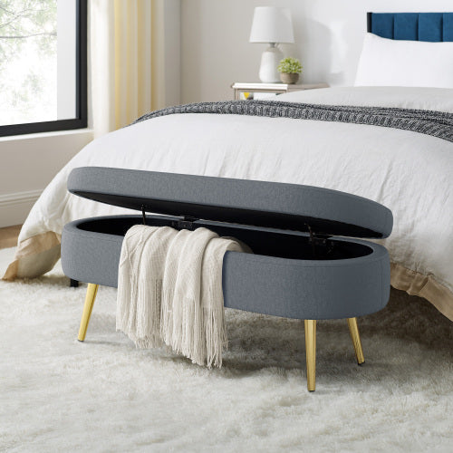 AEELLEEA 43 Inch Oval Storage Ottoman Bench, Grey Textured Fabric Bench with Gold Metal Legs for Bedroom Entryway