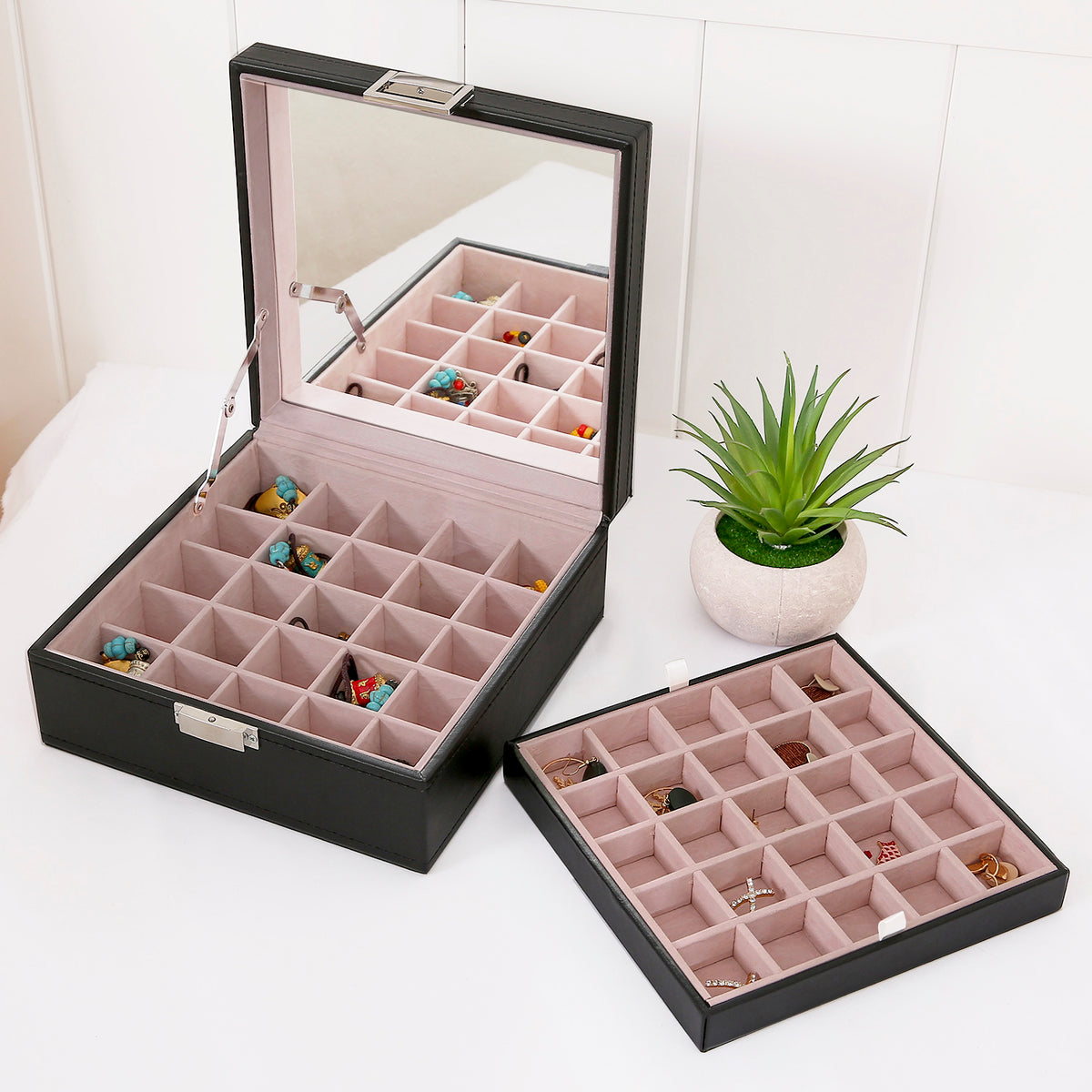 AEELLEEA-50 Slot Black Jewelry Organizer Box with Large Mirror, Earring Storage Case for Necklaces, Earrings & Bracelets