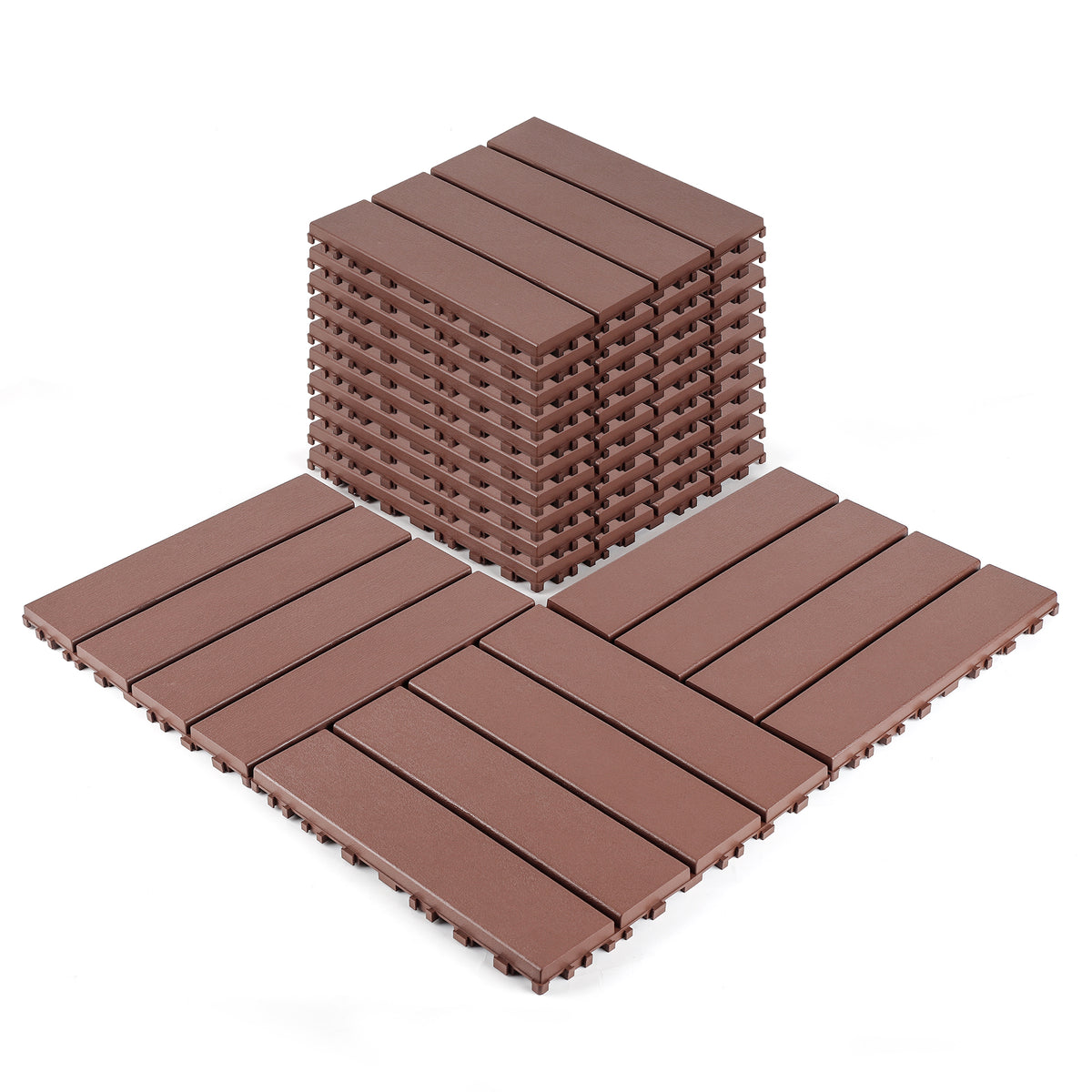AEELLEEA 12 Inch Brown PP Interlocking Deck Tiles, 44 Pack Waterproof Patio Flooring Tiles, Non-Slip Drainage Outdoor Decking for Backyard Poolside Balcony