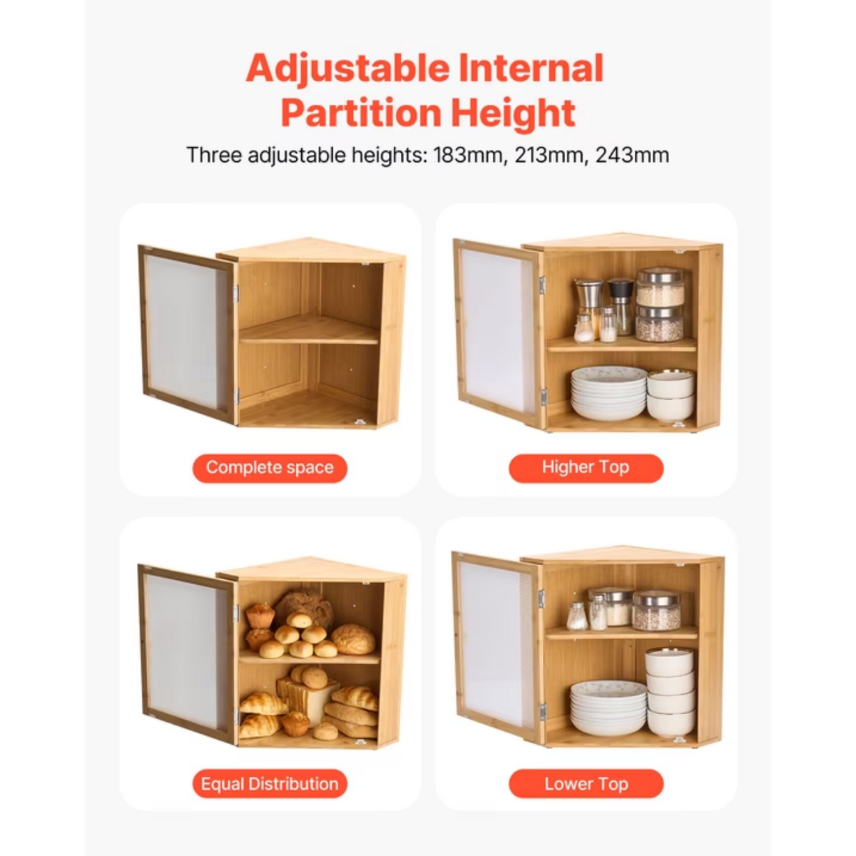 AEELLEEA Natural Bamboo Corner Bread Box for Kitchen Counter, Double Layer Storage Cabinet with Wave Acrylic Door, Adjustable Shelf