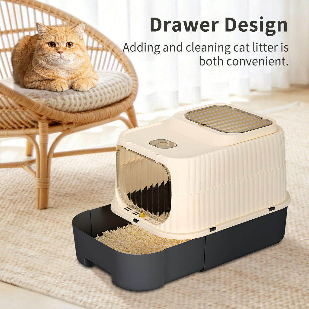 Enclosed Cat Litter Box with 2-Way Transparent Door and Litter Sifting Step, Removable Easy-Clean Design, Beige & BALCK
