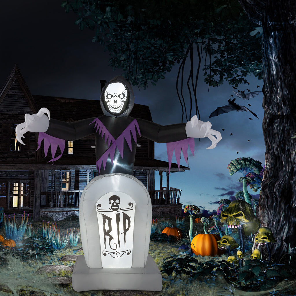 6ft Halloween Inflatable Grim Reaper with Grave, 3 LED String Lights, 12V Waterproof Outdoor Yard Lawn Decoration with Stakes & Sandbags