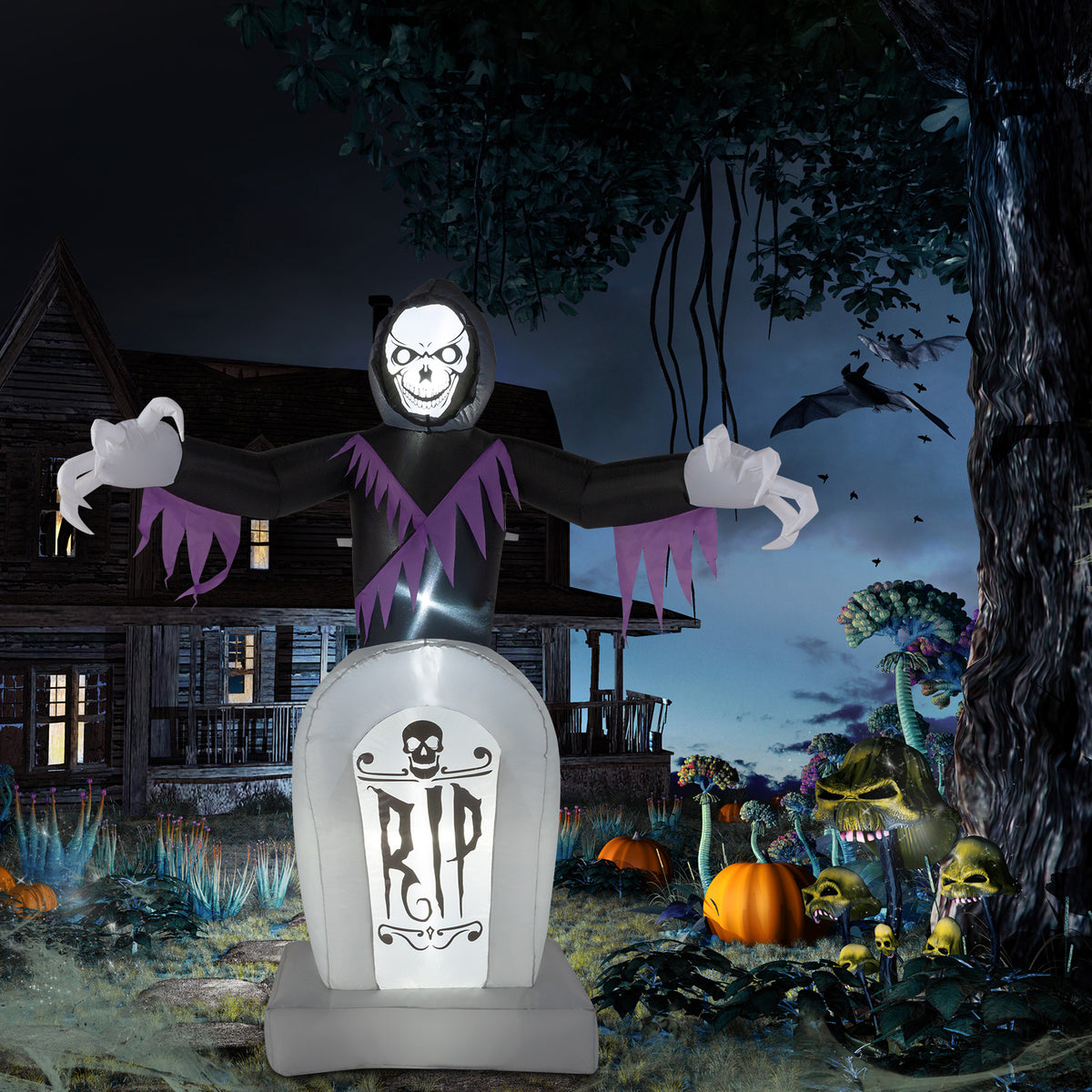 6ft Halloween Inflatable Grim Reaper with Grave, 3 LED String Lights, 12V Waterproof Outdoor Yard Lawn Decoration with Stakes & Sandbags
