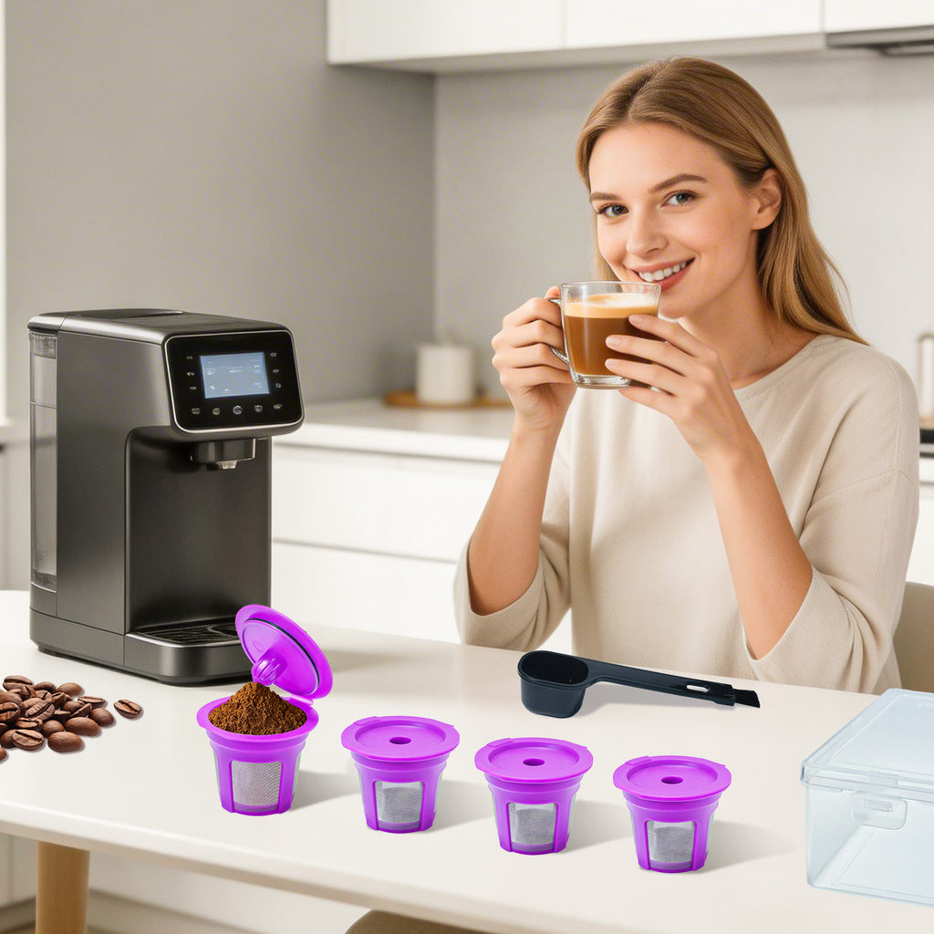 AEELLEEA 4 Pack Reusable Refillable Coffee Pods, Stainless Steel Mesh Filters with Scoop Brush & Box for 1-Prong Coffee Makers