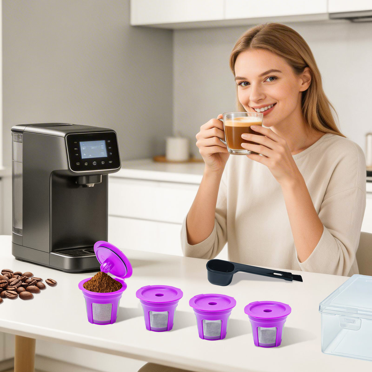 AEELLEEA 4 Pack Reusable Refillable Coffee Pods, Stainless Steel Mesh Filters with Scoop Brush & Box for 1-Prong Coffee Makers