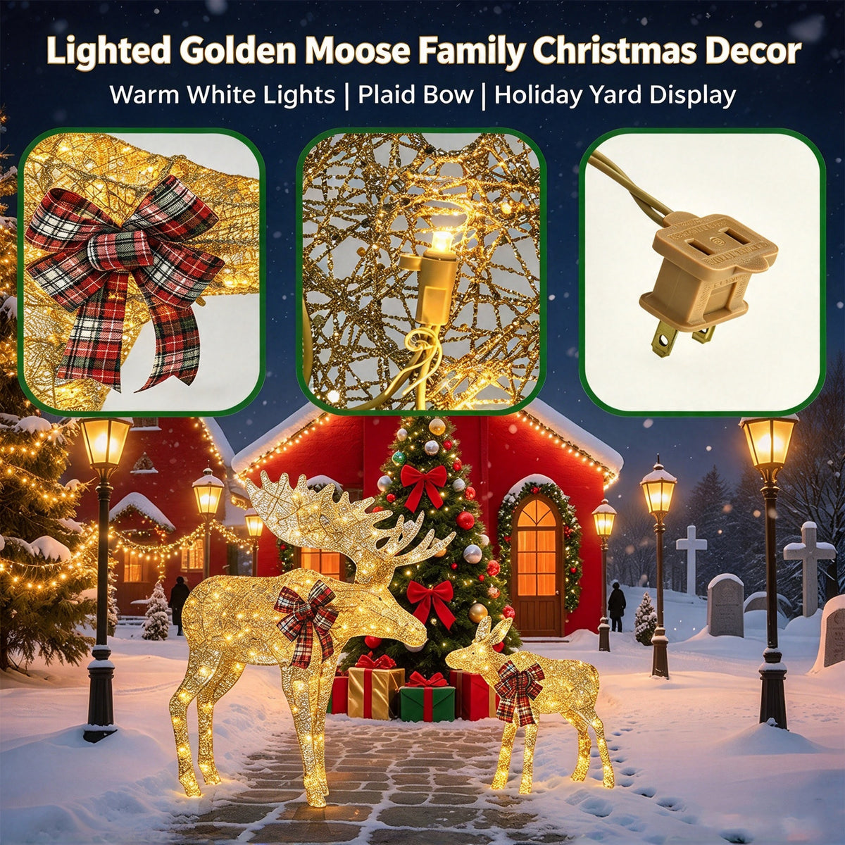 2‑Piece Lighted Christmas Deer Family, Pre‑lit Glittered Standing Ornaments with Stakes Included, Outdoor Yard & Home Holiday Decoration