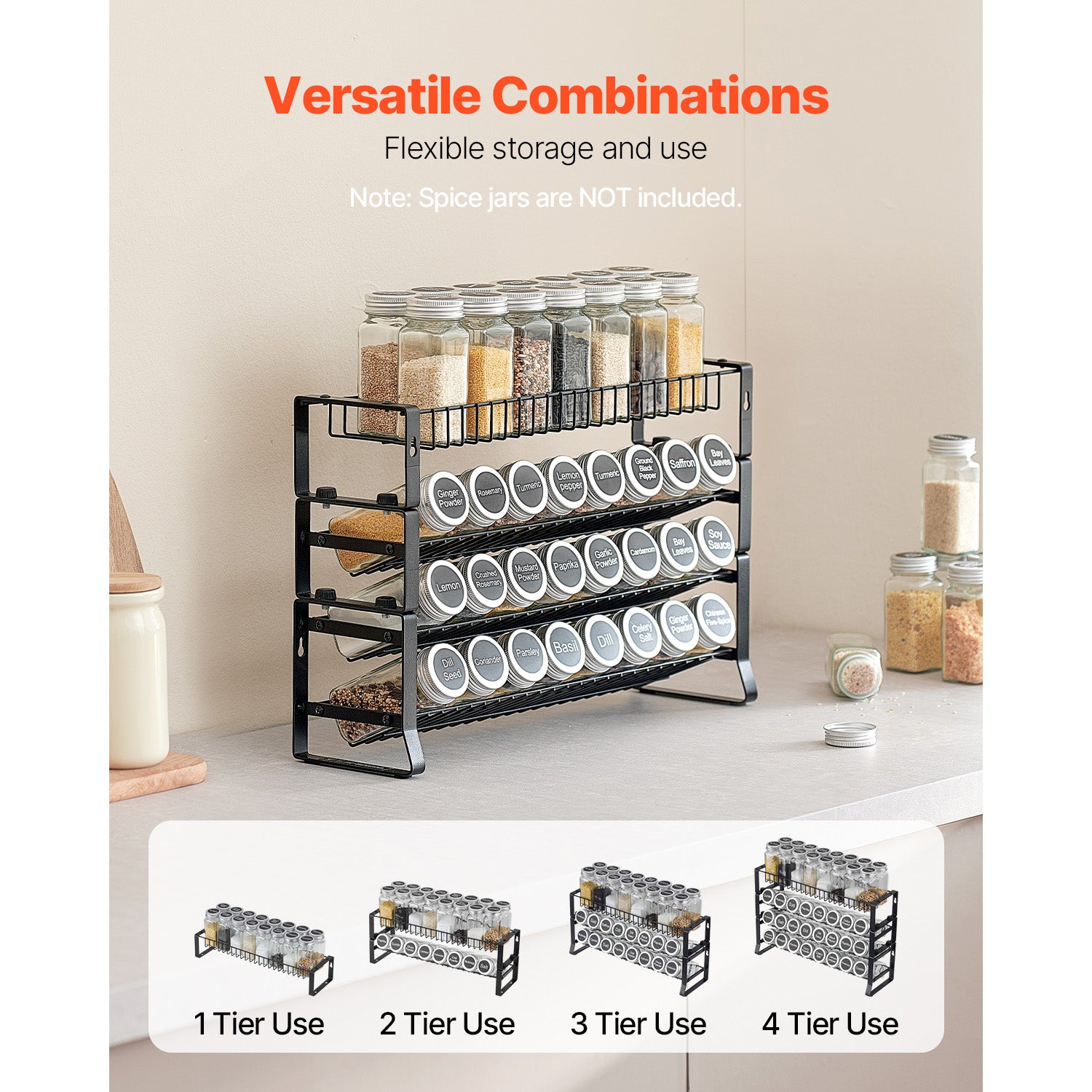 Spice Rack Organizer with 4 Tier Stackable Design, Wall Mount/Counter Mount Seasoning Holder, Q195 Steel
