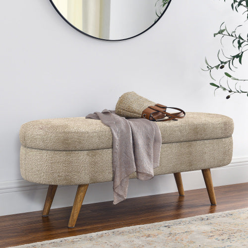 AEELLEEA 43 Inch Oval Storage Ottoman Bench, Beige Textured Fabric Upholstered Bench with Wood Legs for Bedroom Entryway