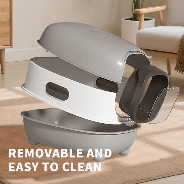 AEELLEEA Enclosed Cat Litter Box with Removable Lid, Litter Tracking Filter, Scoop Included, Gray and White, 22.05 x 15.75 x 15.75 in