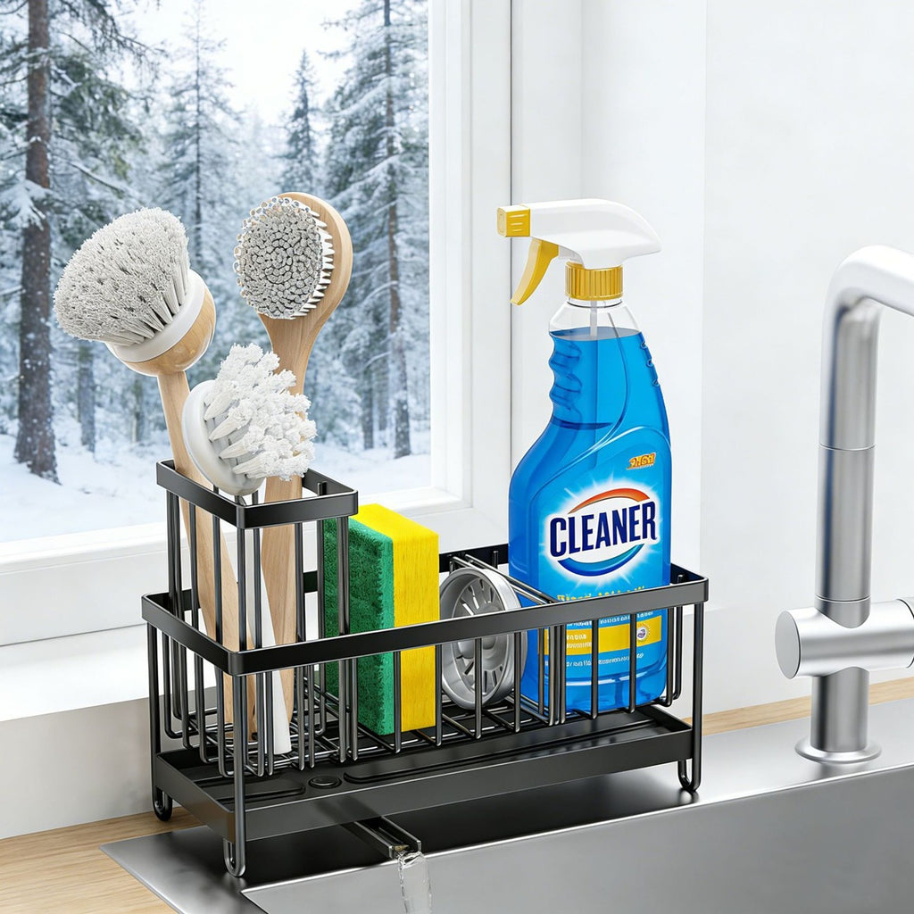 AEELLEEA-Kitchen Sink Rack, Sponge Holder & Soap Dish Drain Storage Organizer with Brush Holder