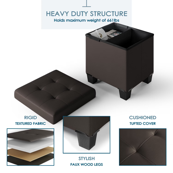 AEELLEEA 15" Folding Storage Ottoman with Removable Organizer Bin, Tufted Cushioned Seat, Dark Brown