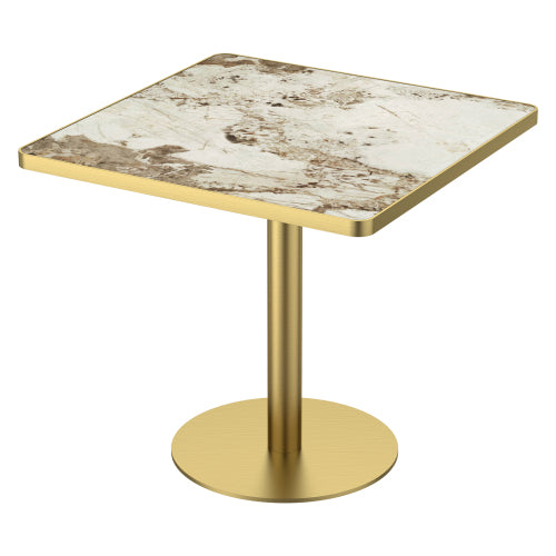AEELLEEA 31.5-Inch Square Dining Table, Brown and White Marble-Look Top with Gold Metal Pedestal Base, Modern Kitchen Table