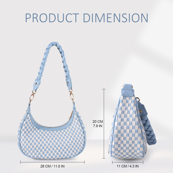 Checkered Shoulder Bag for Women, Y2K Hobo Crescent Purse with Braided Strap, Small Blue White Armpit Bag Trendy Fashion Handbag